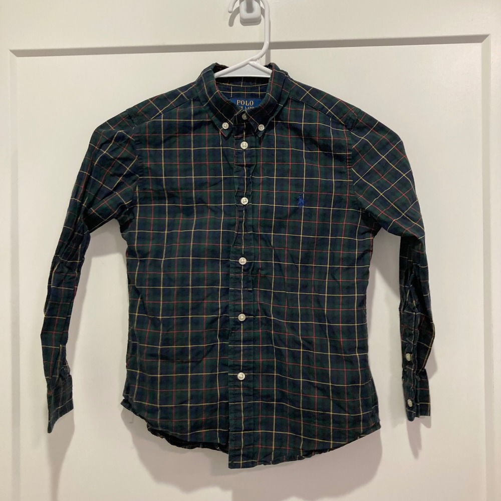 Polo Ralph Lauren Boys Green Plaid Natural Stretch Button Down Shirt Size 7